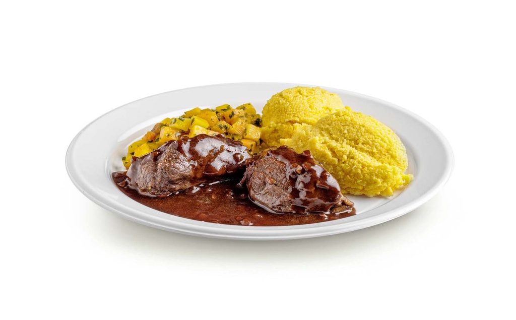 Schweinsbäggli an Balsamicojus mit Polenta und Kürbisgemüse